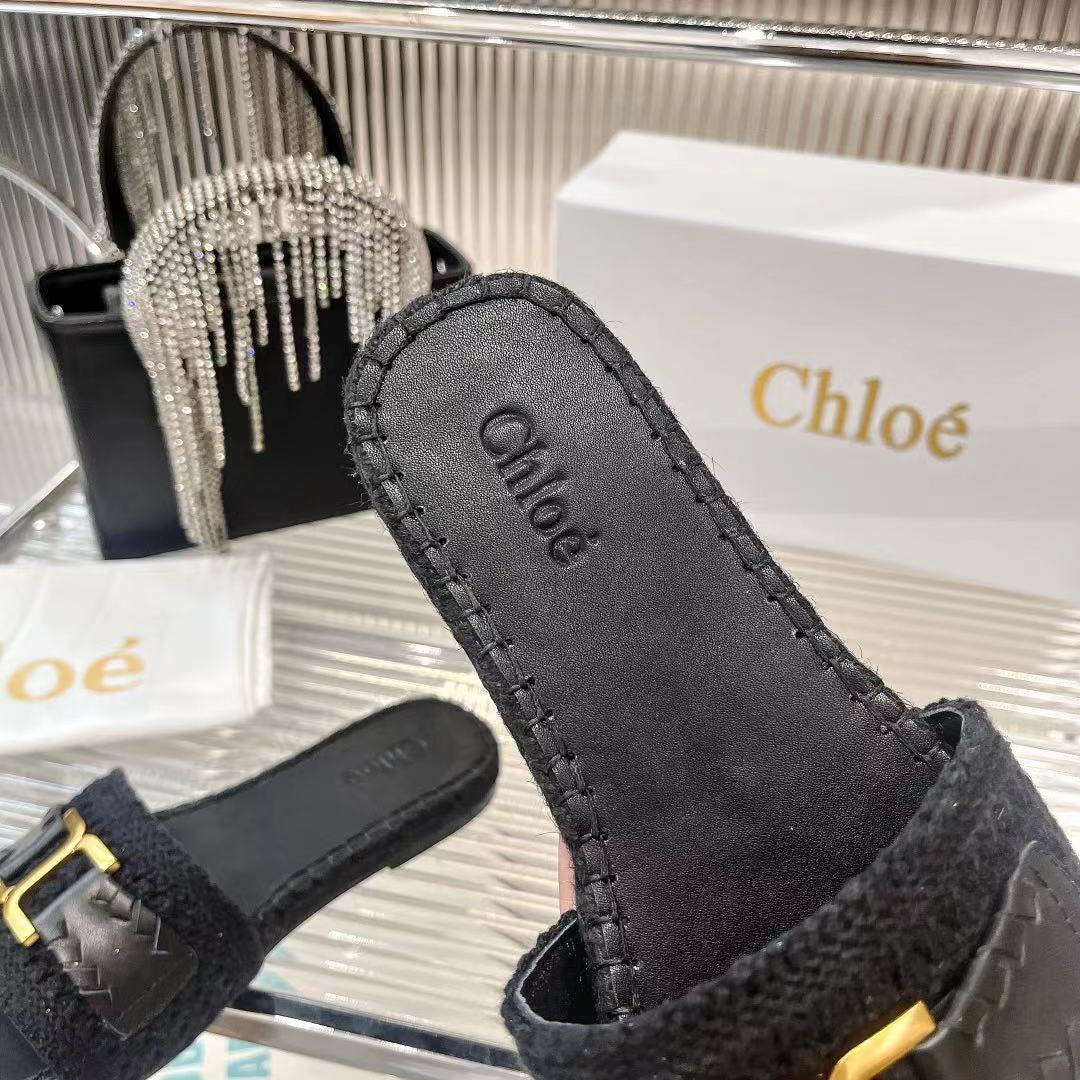CHLO¨¦ WOVEN SLIPPER IN BLACK WOOL AND LAMBSKIN GOLD HARDWARE