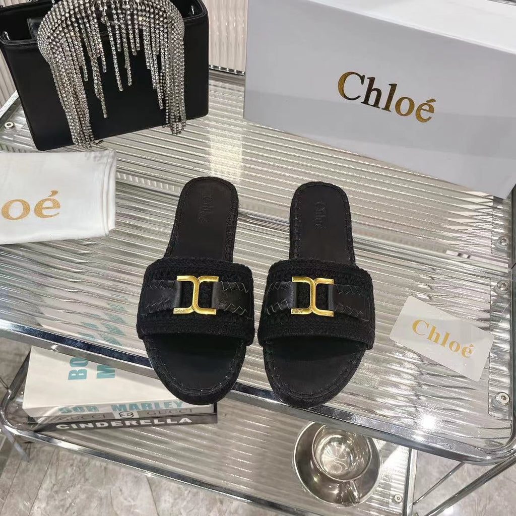 CHLO¨¦ WOVEN SLIPPER IN BLACK WOOL AND LAMBSKIN GOLD HARDWARE