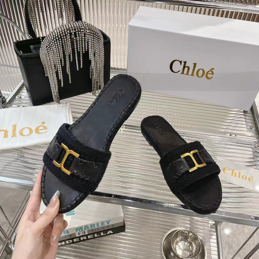 CHLO¨¦ WOVEN SLIPPER IN BLACK WOOL AND LAMBSKIN GOLD HARDWARE