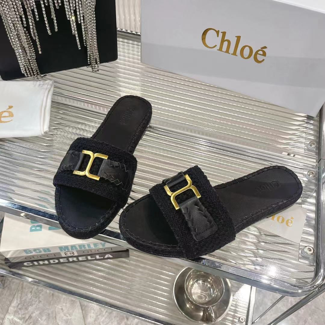 CHLO¨¦ WOVEN SLIPPER IN BLACK WOOL AND LAMBSKIN GOLD HARDWARE