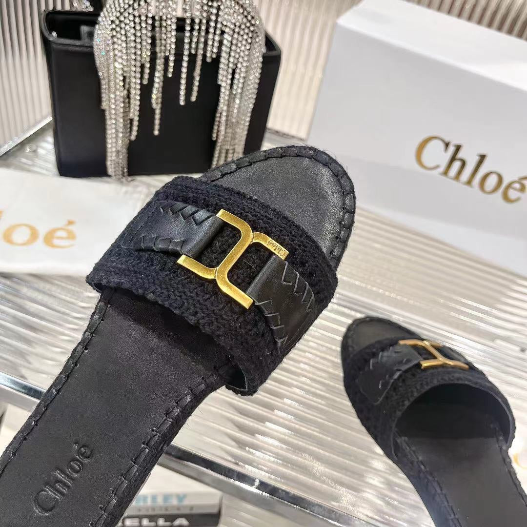 CHLO¨¦ WOVEN SLIPPER IN BLACK WOOL AND LAMBSKIN GOLD HARDWARE