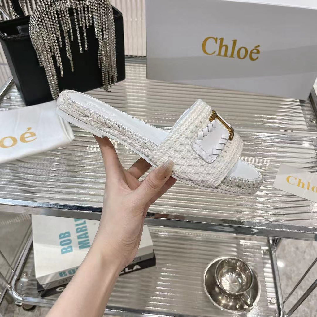 CHLO¨¦ WOVEN SLIPPER IN WHITE WOOL AND LAMBSKIN GOLD HARDWARE