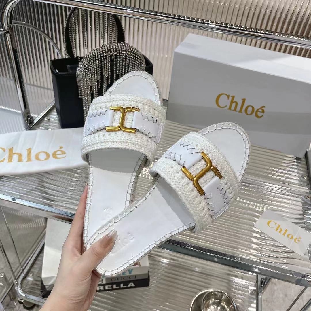 CHLO¨¦ WOVEN SLIPPER IN WHITE WOOL AND LAMBSKIN GOLD HARDWARE