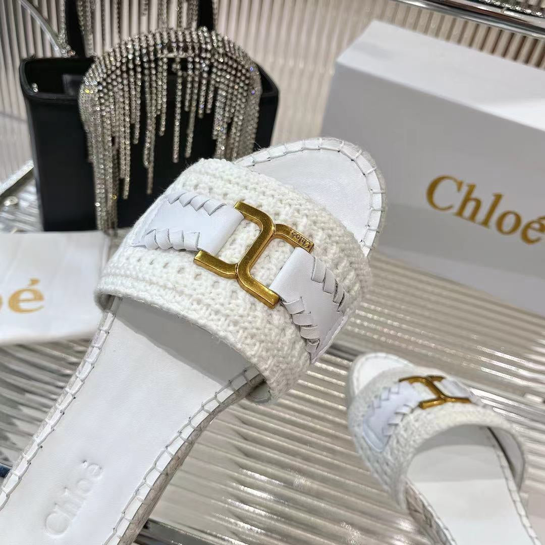 CHLO¨¦ WOVEN SLIPPER IN WHITE WOOL AND LAMBSKIN GOLD HARDWARE
