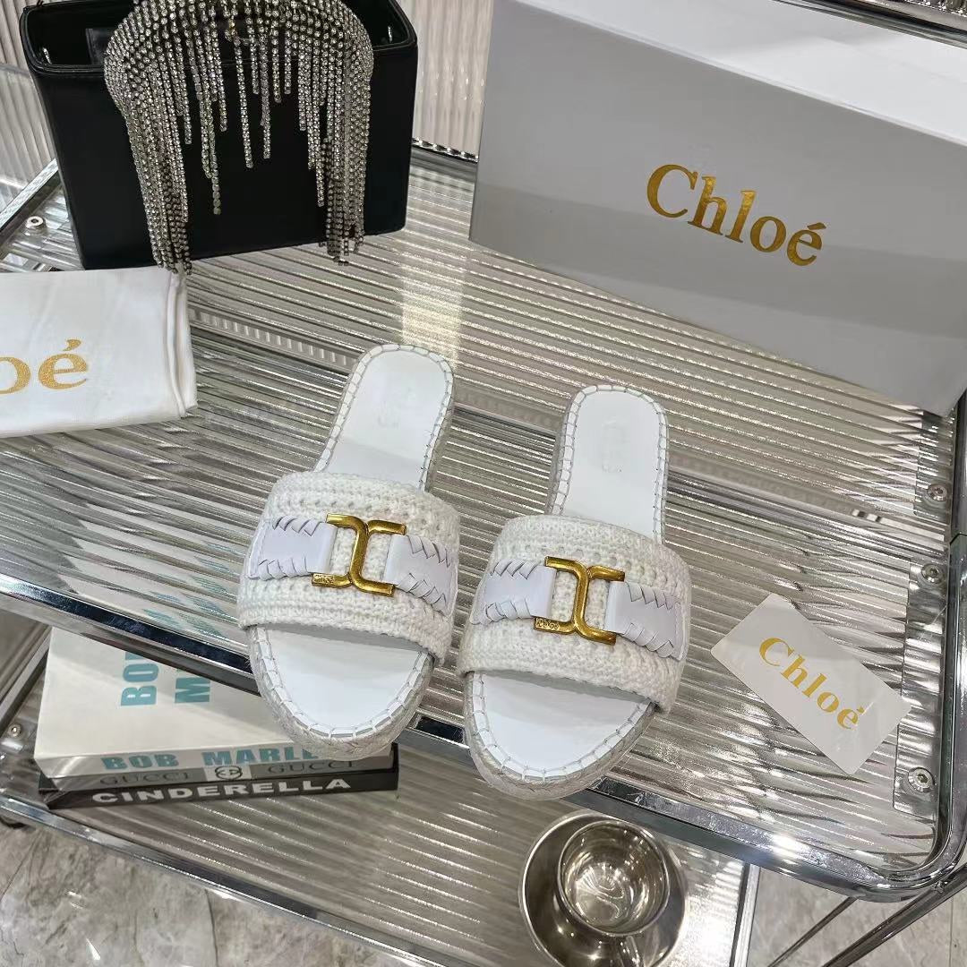 CHLO¨¦ WOVEN SLIPPER IN WHITE WOOL AND LAMBSKIN GOLD HARDWARE