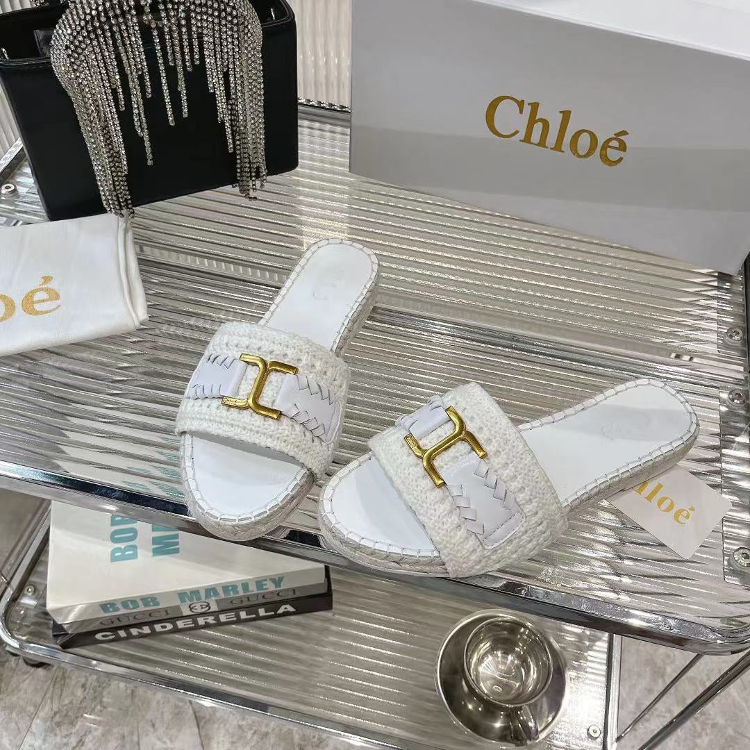 CHLO¨¦ WOVEN SLIPPER IN WHITE WOOL AND LAMBSKIN GOLD HARDWARE