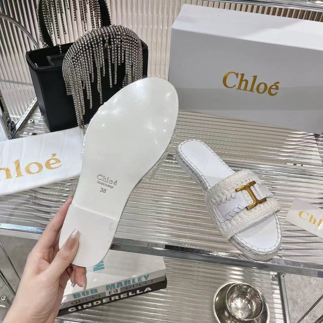 CHLO¨¦ WOVEN SLIPPER IN WHITE WOOL AND LAMBSKIN GOLD HARDWARE