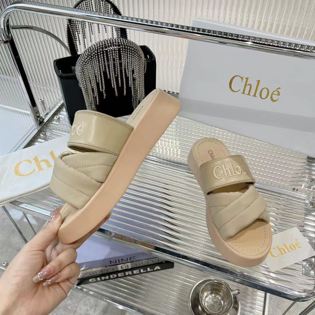 CHLO¨¦ MILA FLAT SLIDES 5 CM IN BEIGE EICRU CALFSKIN AND RE-NYLON
