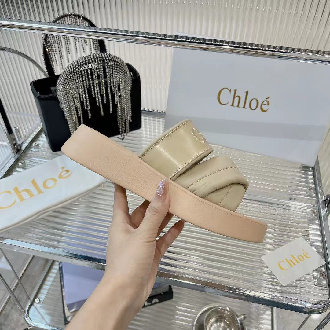 CHLO¨¦ MILA FLAT SLIDES 5 CM IN BEIGE EICRU CALFSKIN AND RE-NYLON