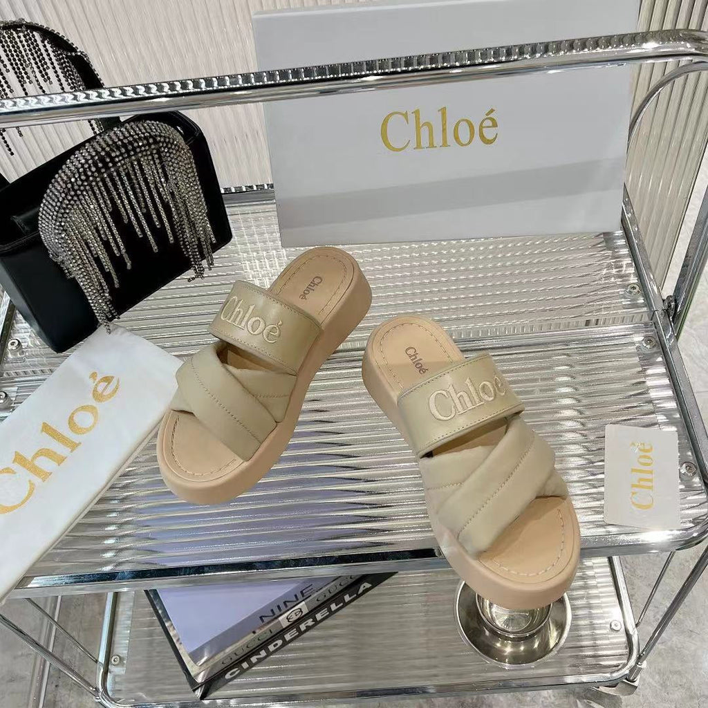 CHLO¨¦ MILA FLAT SLIDES 5 CM IN BEIGE EICRU CALFSKIN AND RE-NYLON
