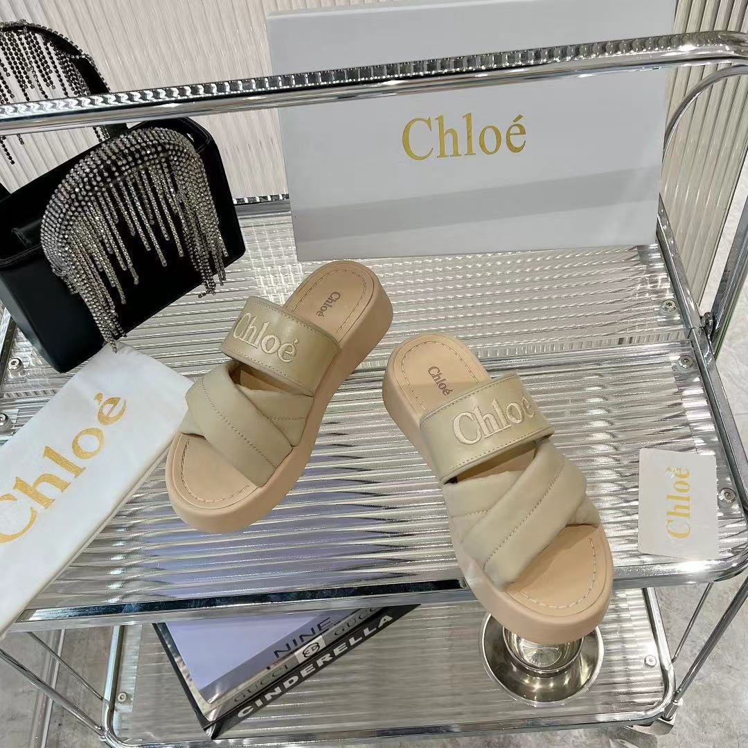 CHLO¨¦ MILA FLAT SLIDES 5 CM IN BEIGE EICRU CALFSKIN AND RE-NYLON