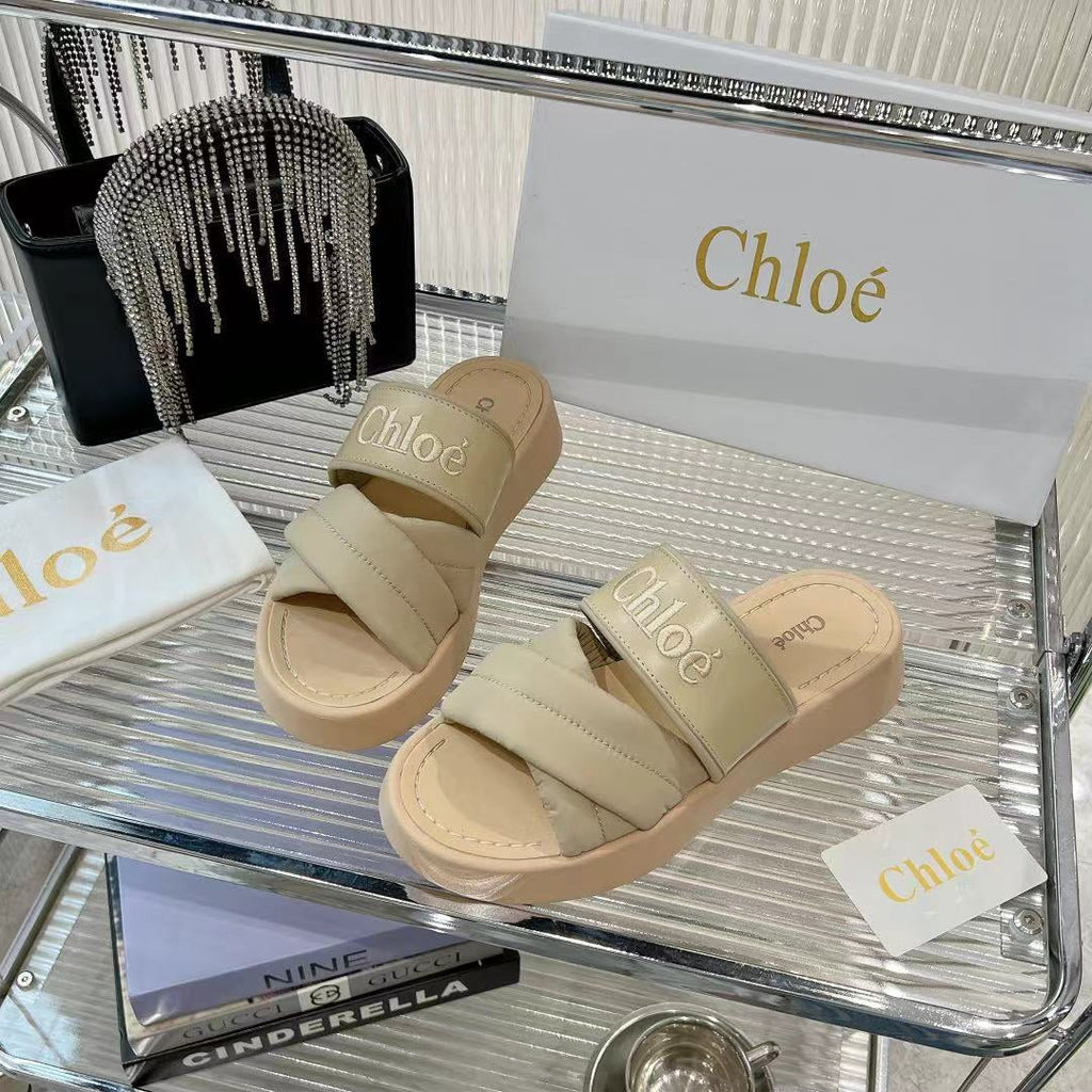 CHLO¨¦ MILA FLAT SLIDES 5 CM IN BEIGE EICRU CALFSKIN AND RE-NYLON