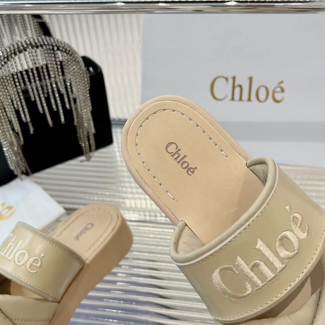 CHLO¨¦ MILA FLAT SLIDES 5 CM IN BEIGE EICRU CALFSKIN AND RE-NYLON
