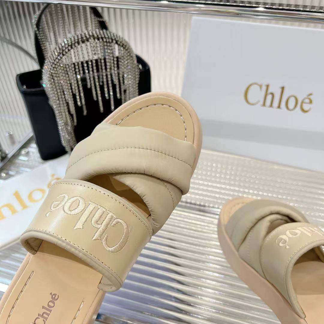 CHLO¨¦ MILA FLAT SLIDES 5 CM IN BEIGE EICRU CALFSKIN AND RE-NYLON