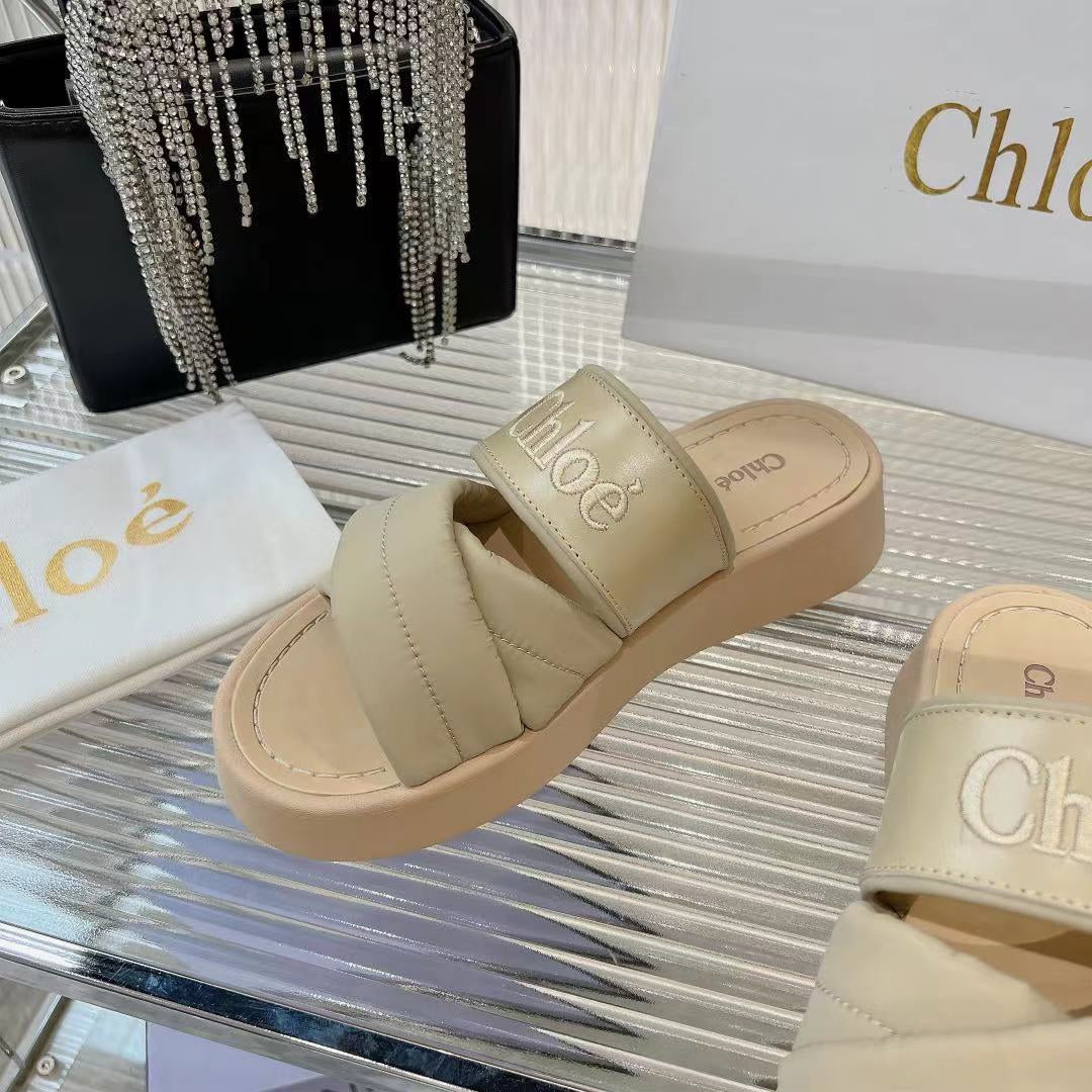 CHLO¨¦ MILA FLAT SLIDES 5 CM IN BEIGE EICRU CALFSKIN AND RE-NYLON