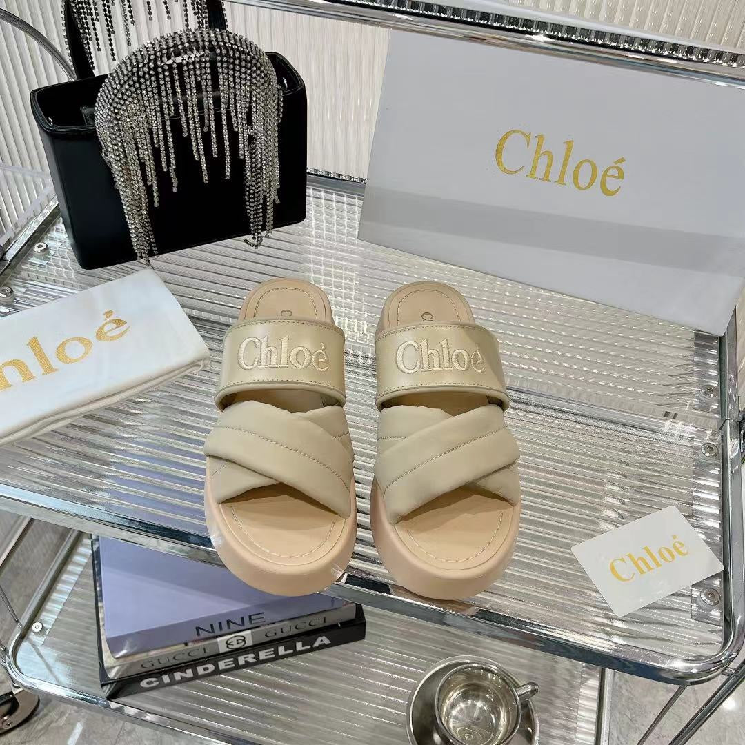 CHLO¨¦ MILA FLAT SLIDES 5 CM IN BEIGE EICRU CALFSKIN AND RE-NYLON