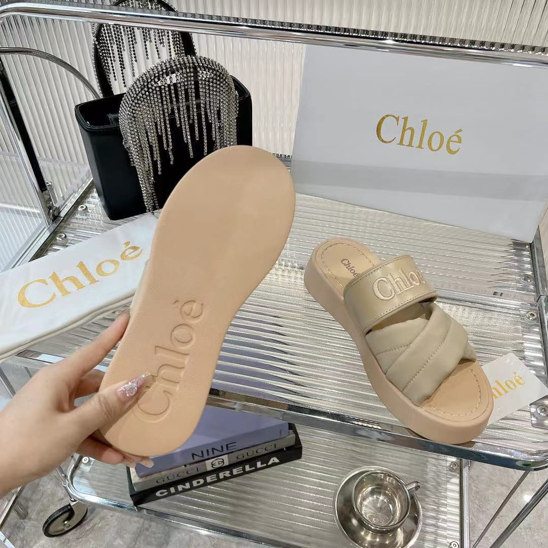 CHLO¨¦ MILA FLAT SLIDES 5 CM IN BEIGE EICRU CALFSKIN AND RE-NYLON