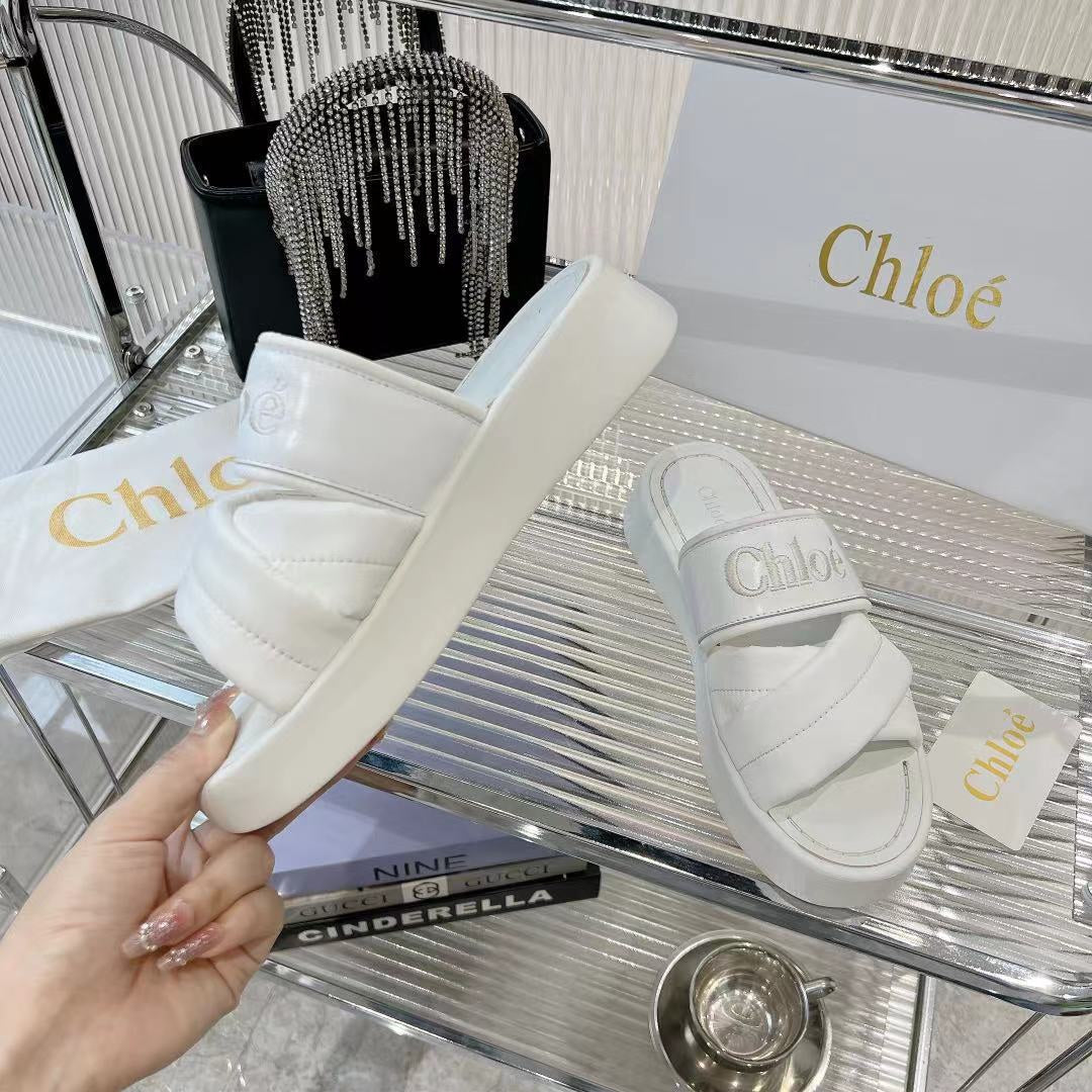CHLO¨¦ MILA FLAT SLIDES 5 CM IN WHITE CALFSKIN AND RE-NYLON