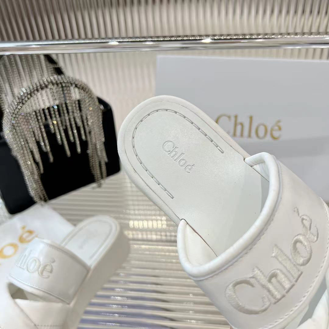 CHLO¨¦ MILA FLAT SLIDES 5 CM IN WHITE CALFSKIN AND RE-NYLON