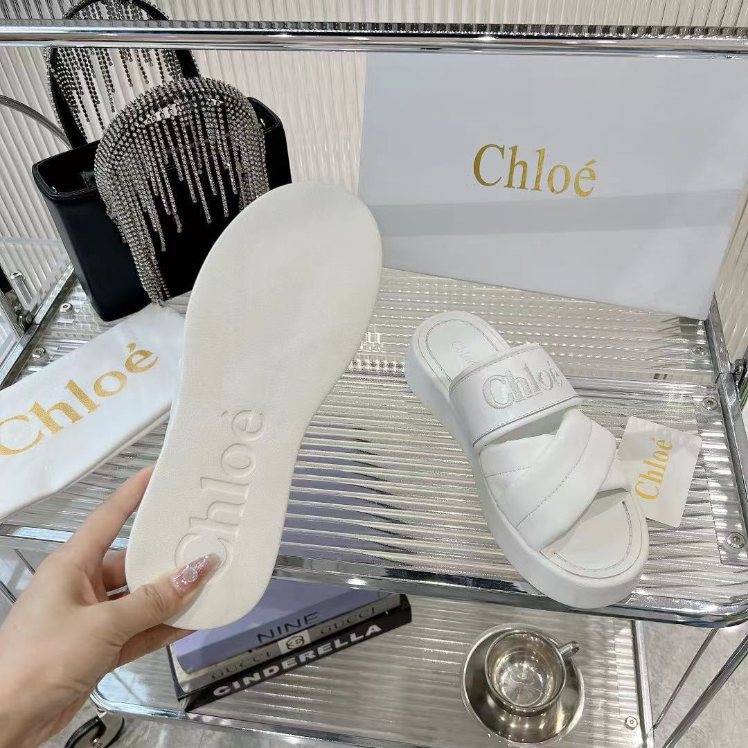 CHLO¨¦ MILA FLAT SLIDES 5 CM IN WHITE CALFSKIN AND RE-NYLON