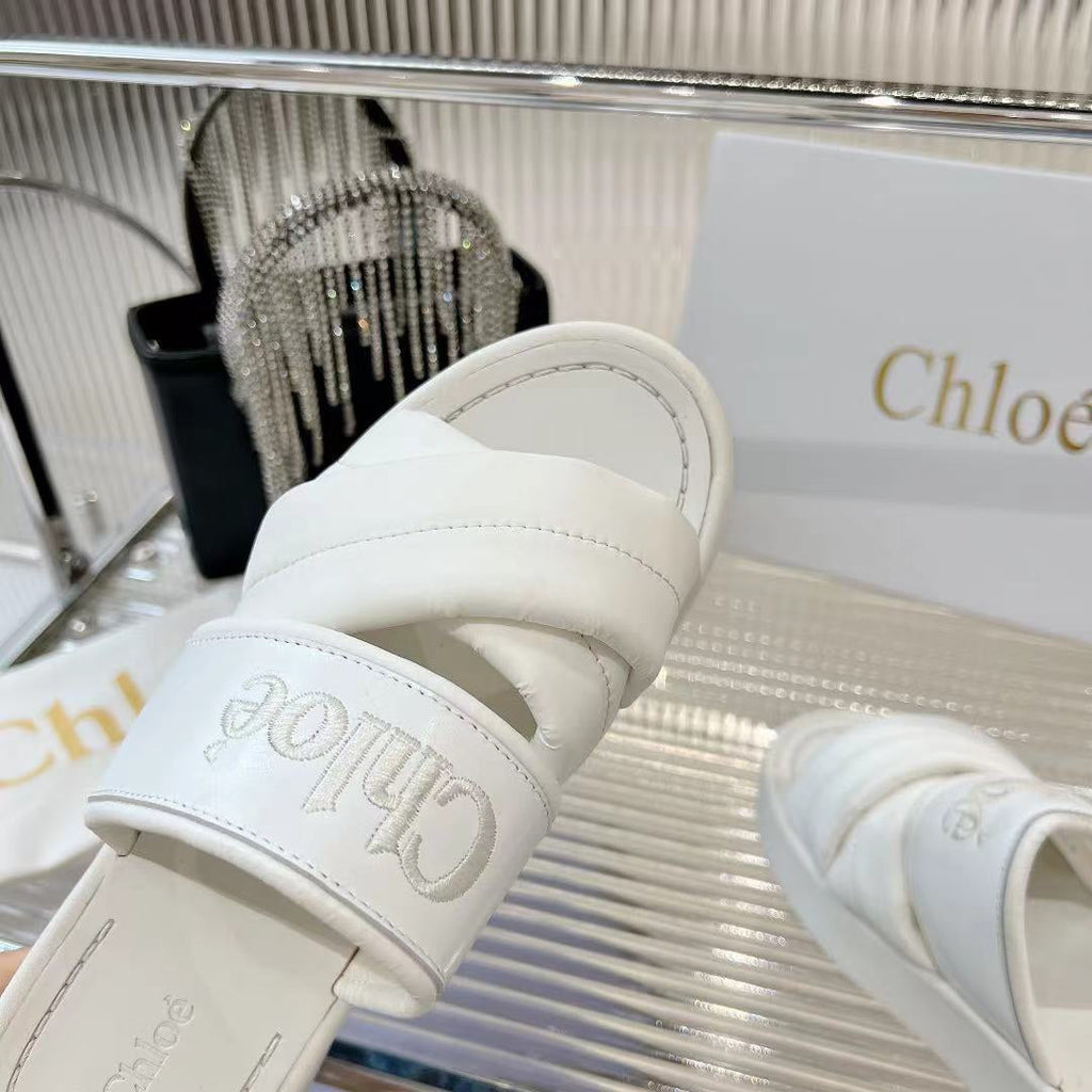 CHLO¨¦ MILA FLAT SLIDES 5 CM IN WHITE CALFSKIN AND RE-NYLON