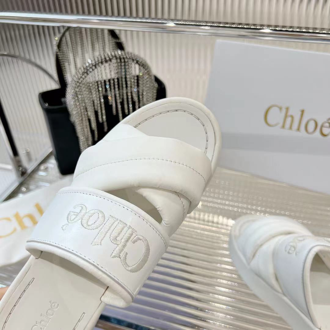 CHLO¨¦ MILA FLAT SLIDES 5 CM IN WHITE CALFSKIN AND RE-NYLON