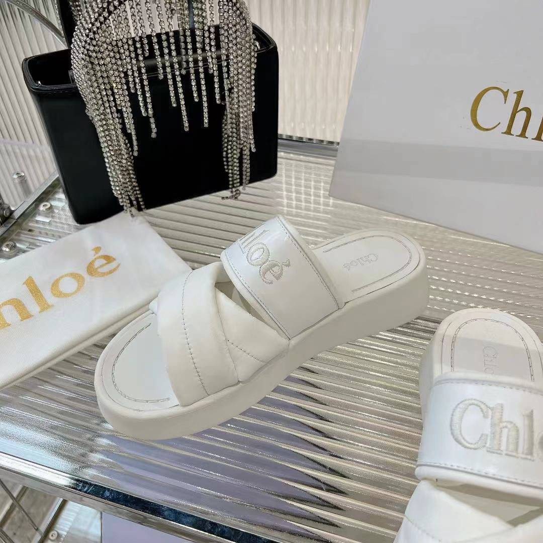 CHLO¨¦ MILA FLAT SLIDES 5 CM IN WHITE CALFSKIN AND RE-NYLON