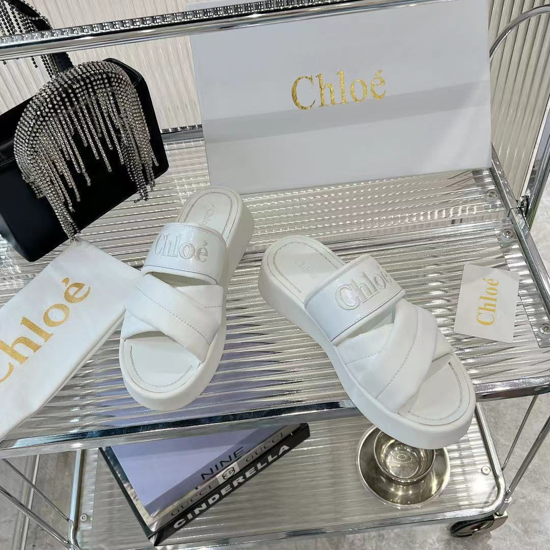 CHLO¨¦ MILA FLAT SLIDES 5 CM IN WHITE CALFSKIN AND RE-NYLON