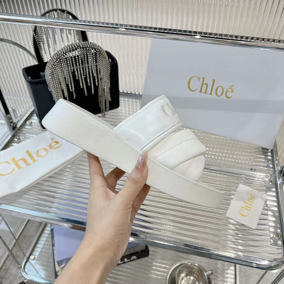 CHLO¨¦ MILA FLAT SLIDES 5 CM IN WHITE CALFSKIN AND RE-NYLON