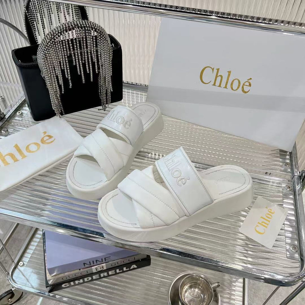 CHLO¨¦ MILA FLAT SLIDES 5 CM IN WHITE CALFSKIN AND RE-NYLON