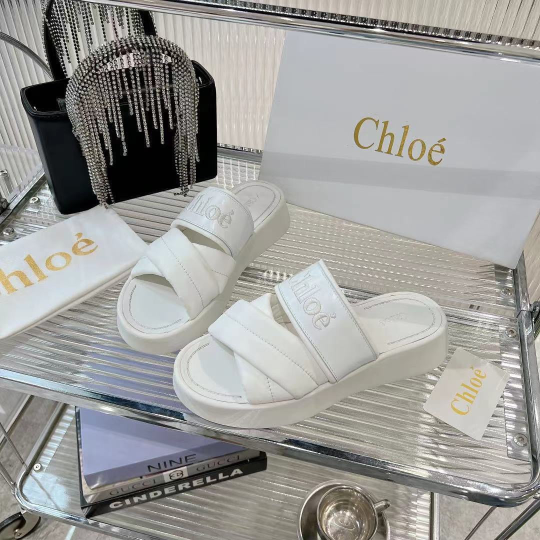 CHLO¨¦ MILA FLAT SLIDES 5 CM IN WHITE CALFSKIN AND RE-NYLON