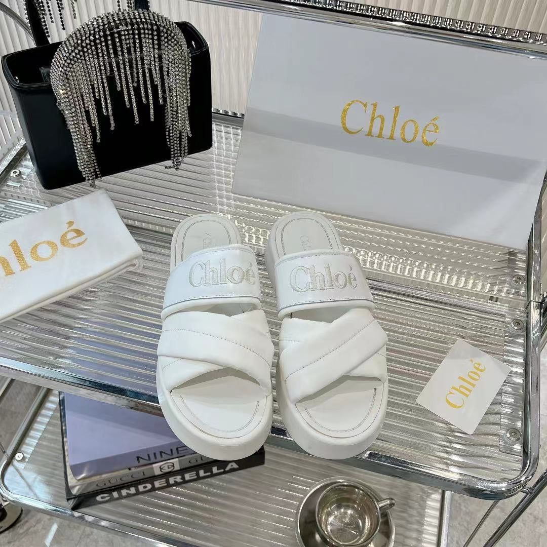 CHLO¨¦ MILA FLAT SLIDES 5 CM IN WHITE CALFSKIN AND RE-NYLON