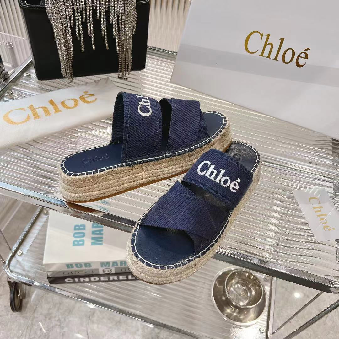 CHLO¨¦ MILA PLATFORM 5 CM IN NAVY BLUE FABRIC AND BEIGE RAFFIA