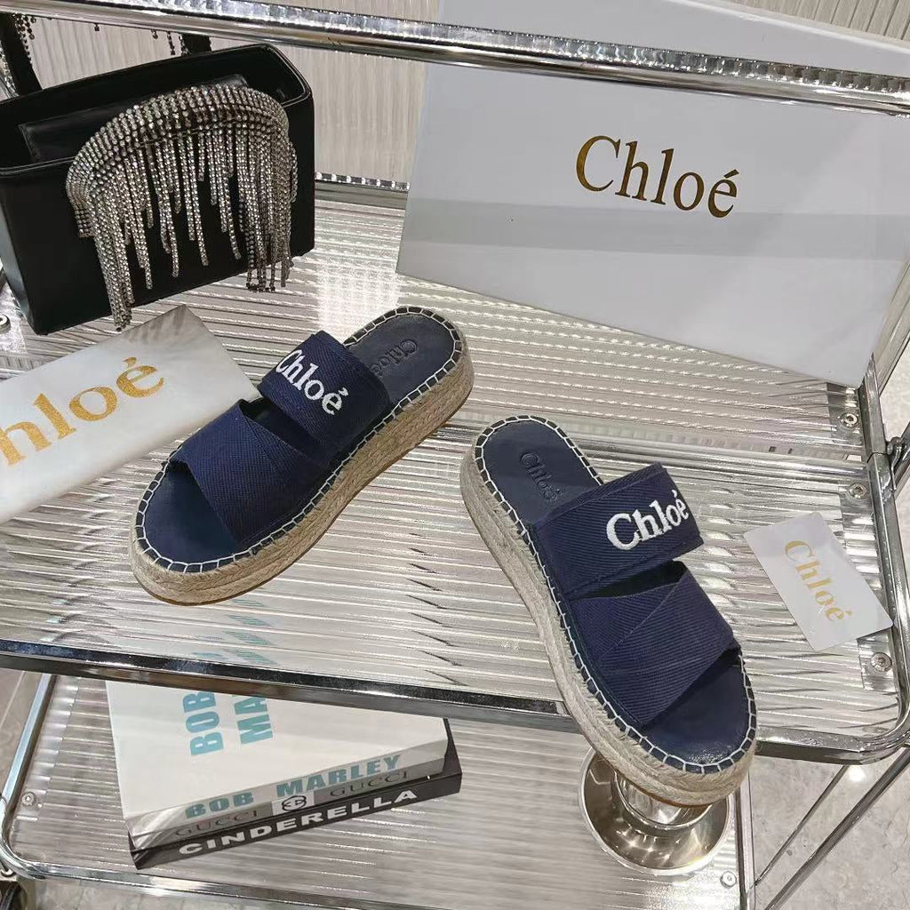 CHLO¨¦ MILA PLATFORM 5 CM IN NAVY BLUE FABRIC AND BEIGE RAFFIA