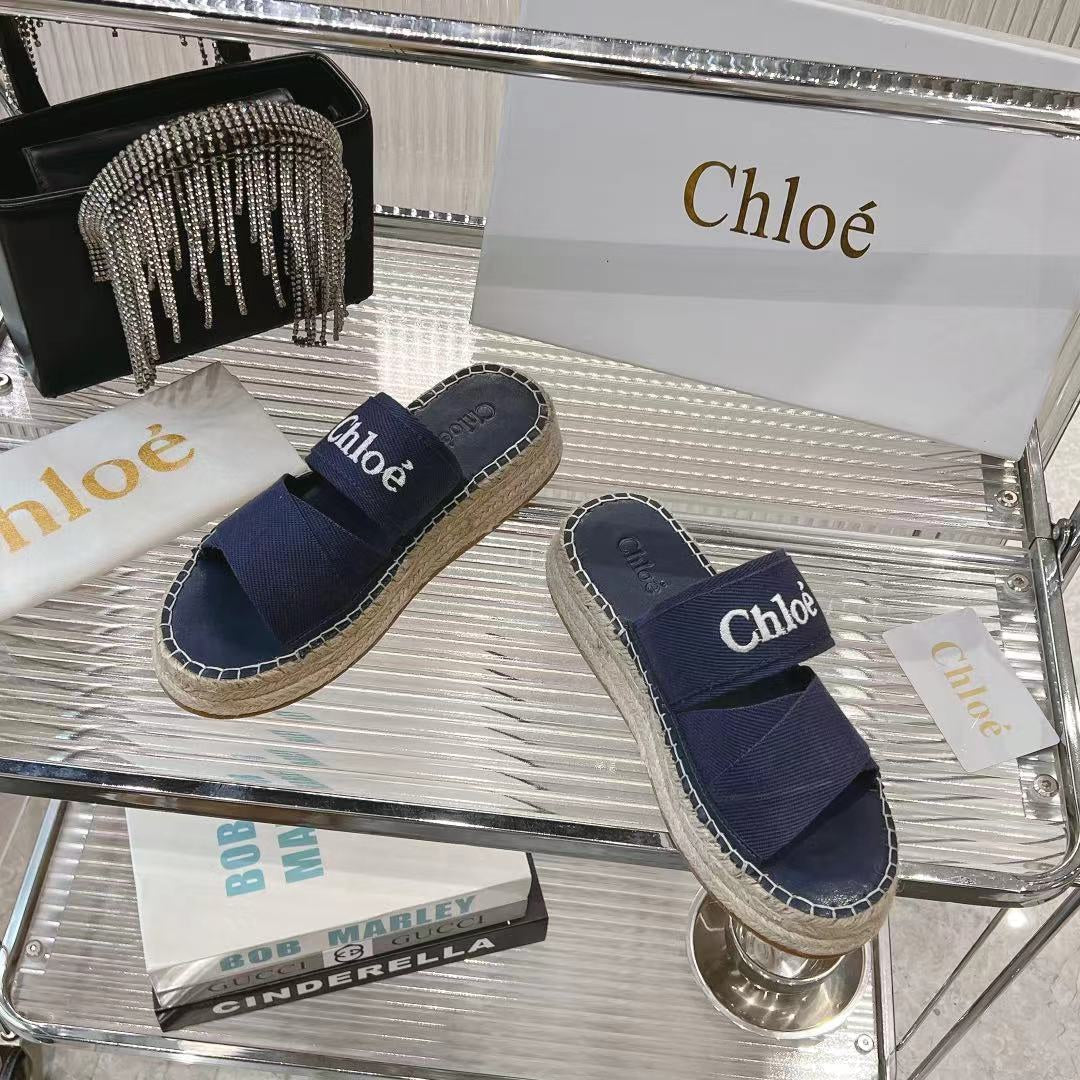 CHLO¨¦ MILA PLATFORM 5 CM IN NAVY BLUE FABRIC AND BEIGE RAFFIA
