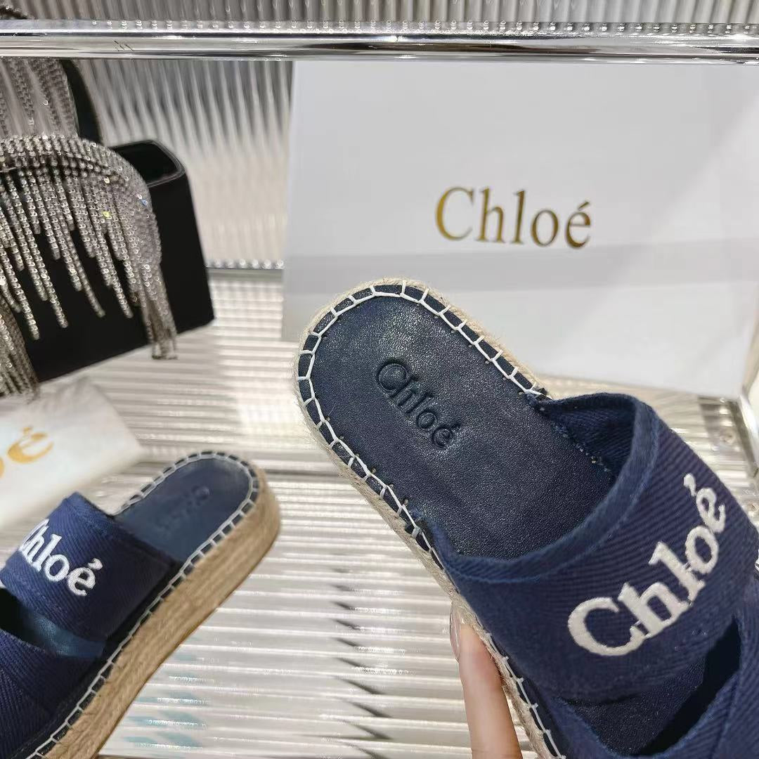 CHLO¨¦ MILA PLATFORM 5 CM IN NAVY BLUE FABRIC AND BEIGE RAFFIA