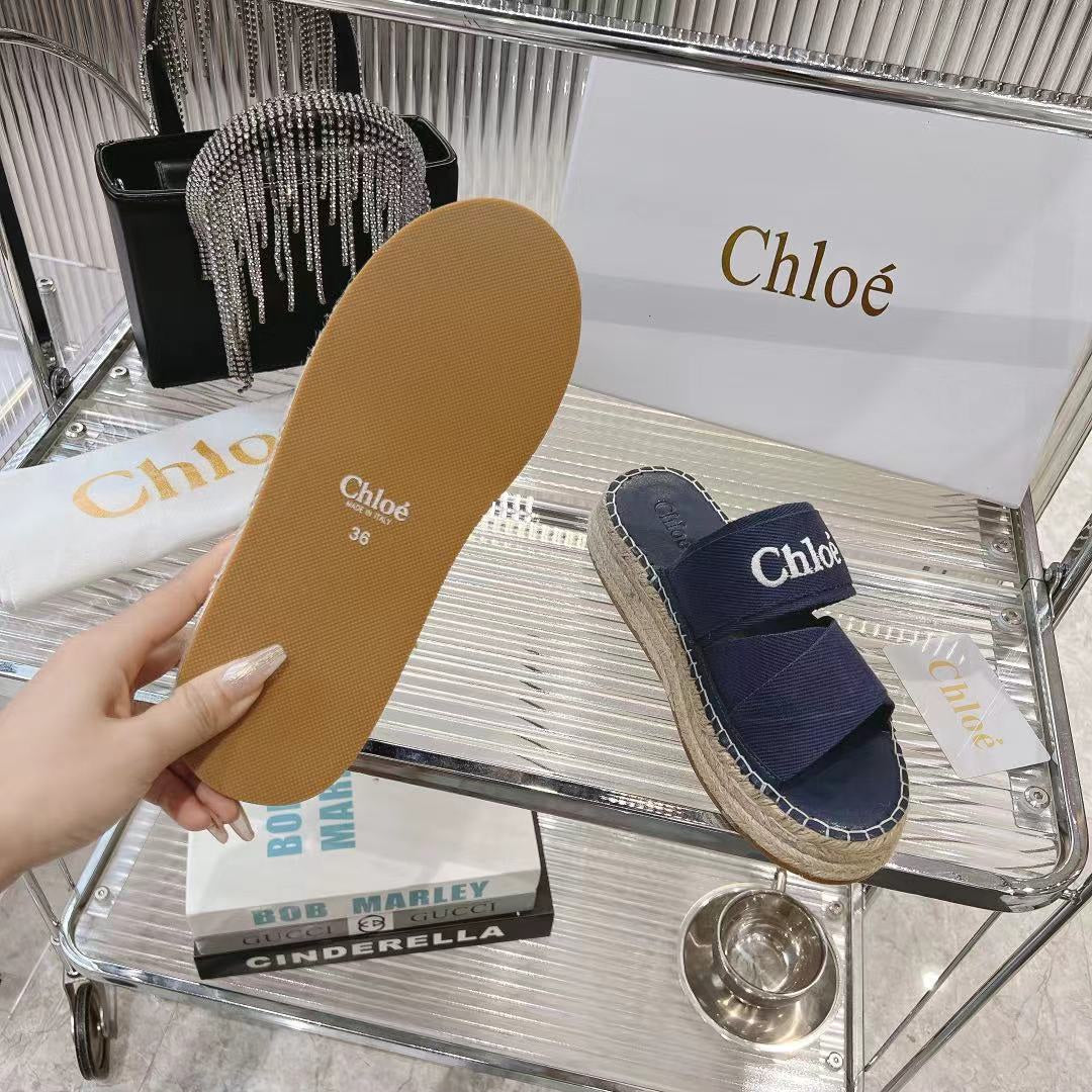 CHLO¨¦ MILA PLATFORM 5 CM IN NAVY BLUE FABRIC AND BEIGE RAFFIA