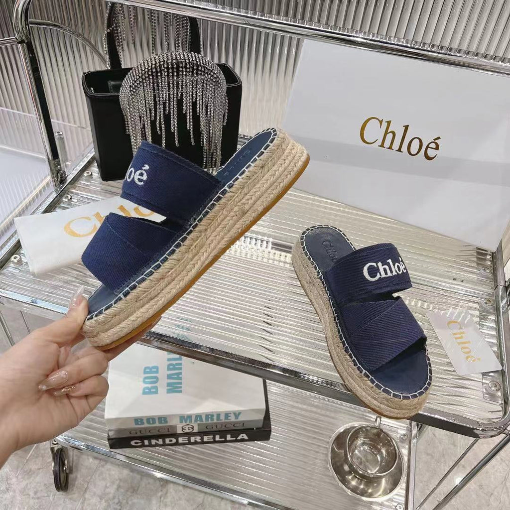 CHLO¨¦ MILA PLATFORM 5 CM IN NAVY BLUE FABRIC AND BEIGE RAFFIA
