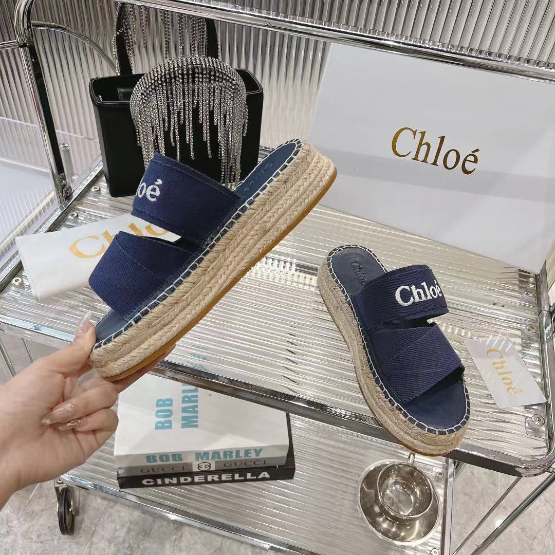 CHLO¨¦ MILA PLATFORM 5 CM IN NAVY BLUE FABRIC AND BEIGE RAFFIA