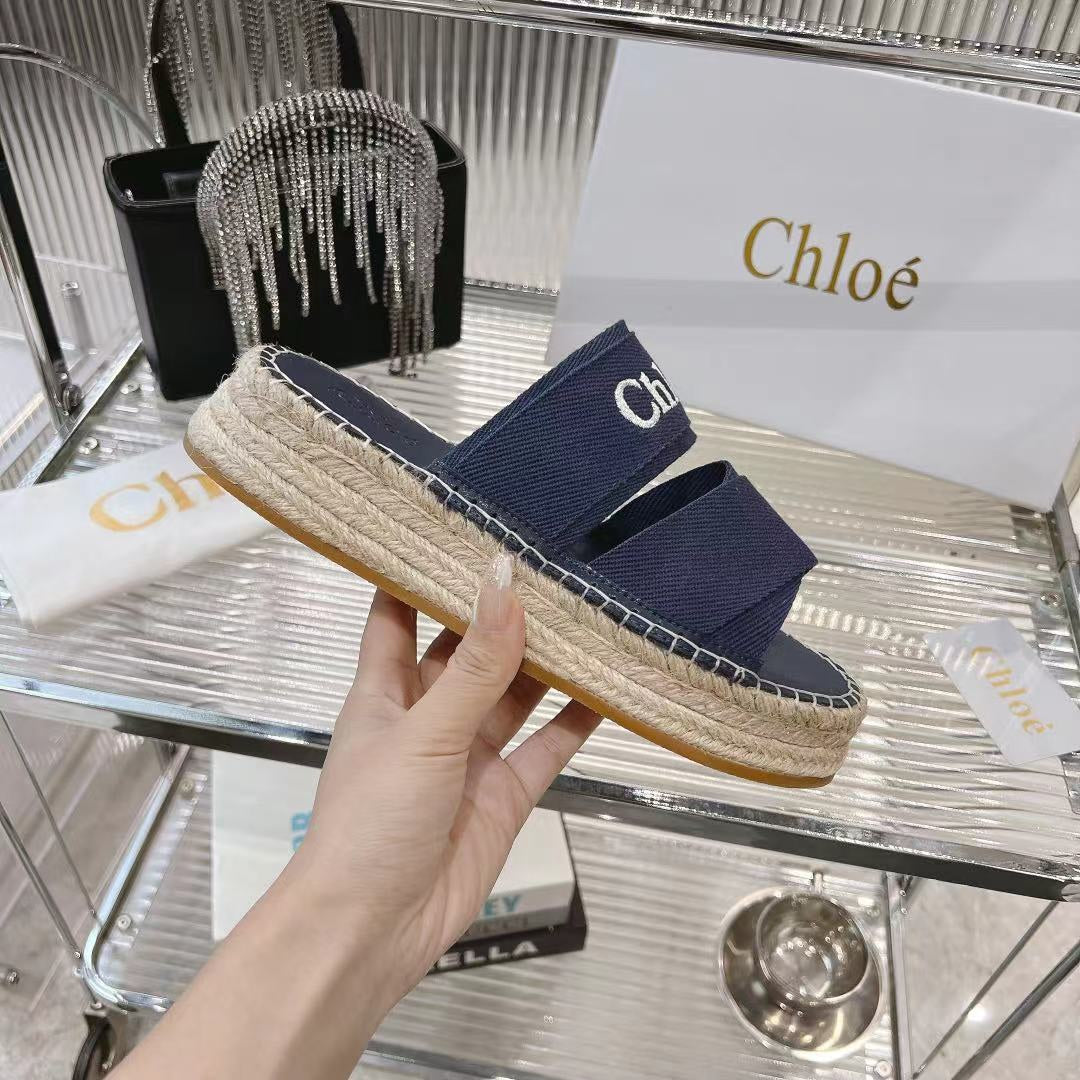 CHLO¨¦ MILA PLATFORM 5 CM IN NAVY BLUE FABRIC AND BEIGE RAFFIA