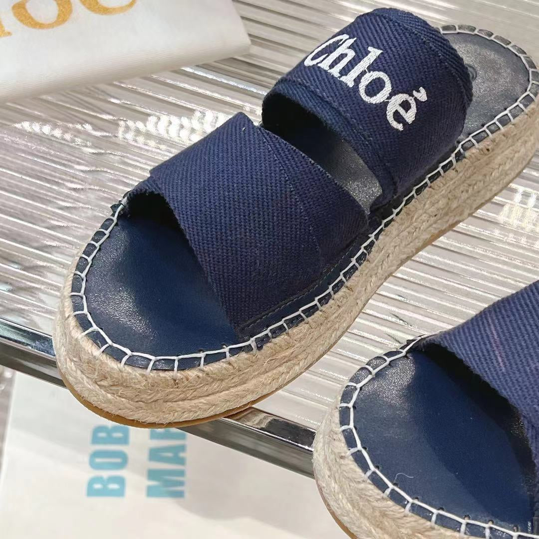 CHLO¨¦ MILA PLATFORM 5 CM IN NAVY BLUE FABRIC AND BEIGE RAFFIA