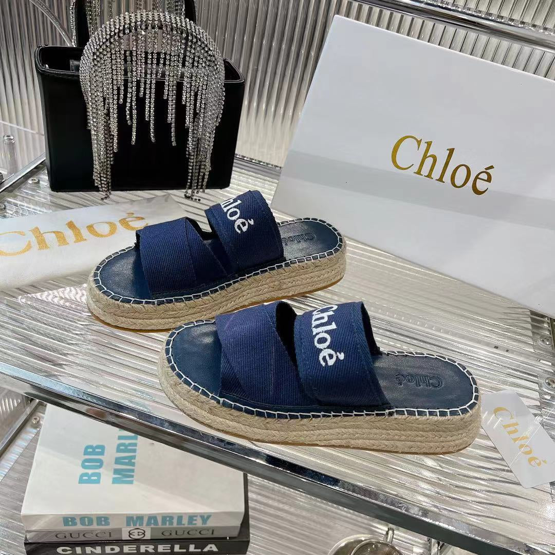 CHLO¨¦ MILA PLATFORM 5 CM IN NAVY BLUE FABRIC AND BEIGE RAFFIA