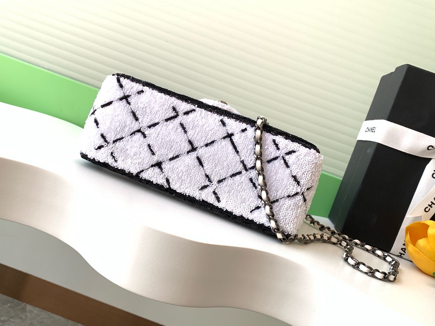 CLASSIC FLAP BAG 21 IN BLACK WHITE SEQUINS RUTHENIUM HARDWARE