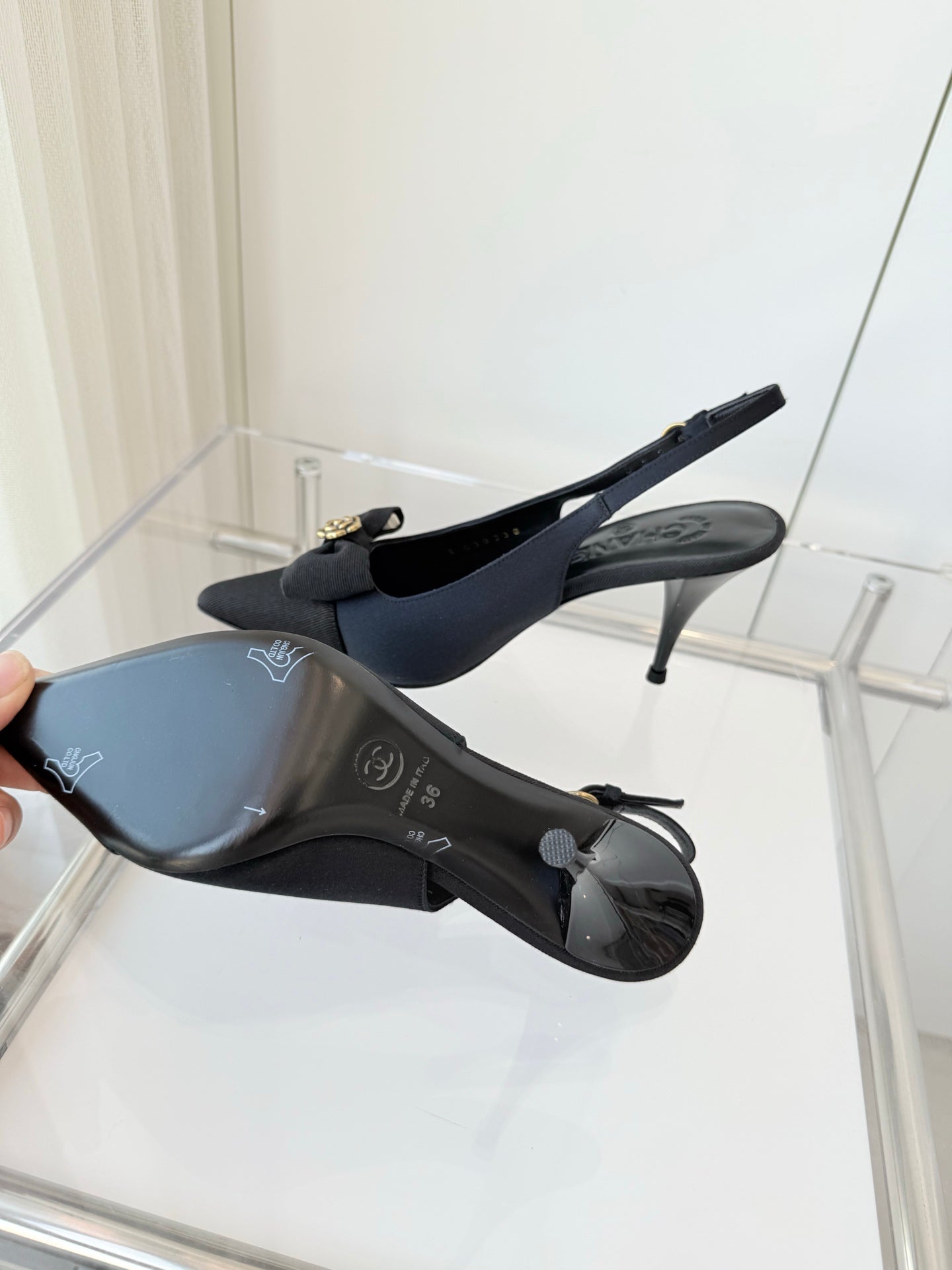SLINGBACKS 80 MM IN BLACK CALFSKIN MIX CANVAS