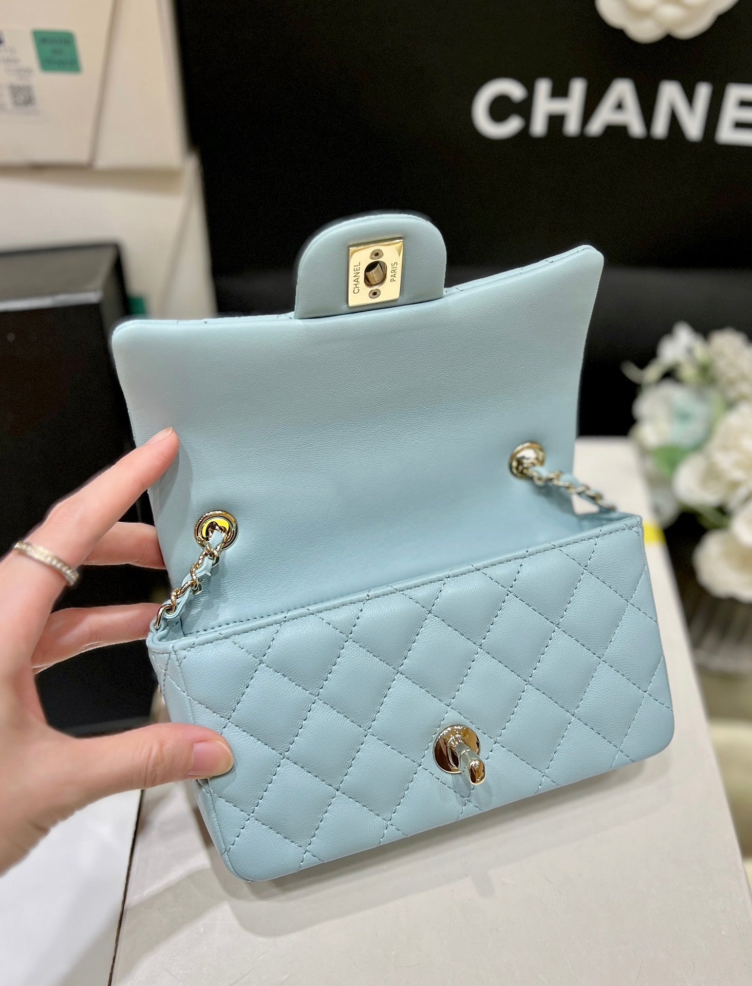 25S CHANEL FLAP BAG 18 IN PALE CYAN LAMBSKIN