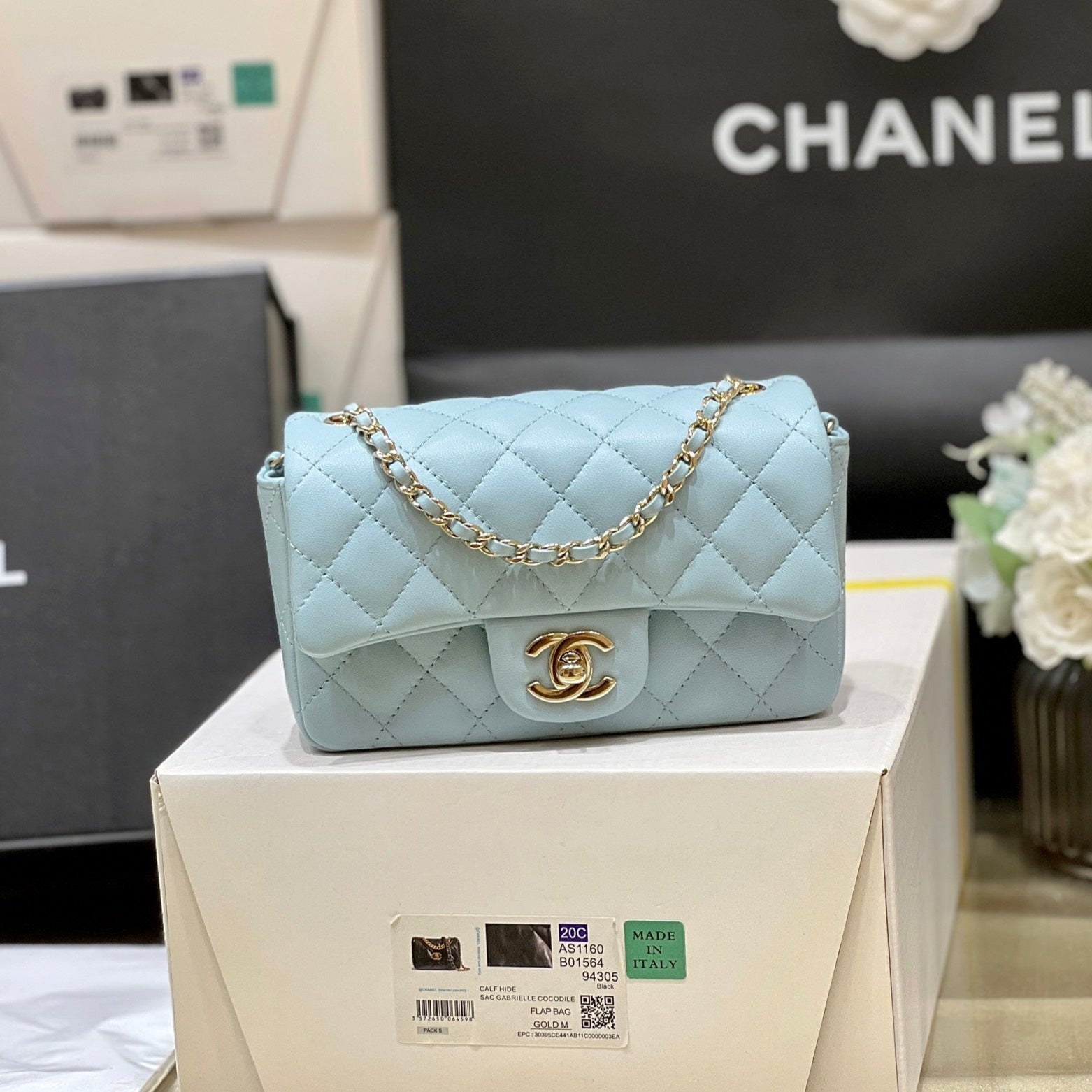 25S CHANEL FLAP BAG 18 IN PALE CYAN LAMBSKIN
