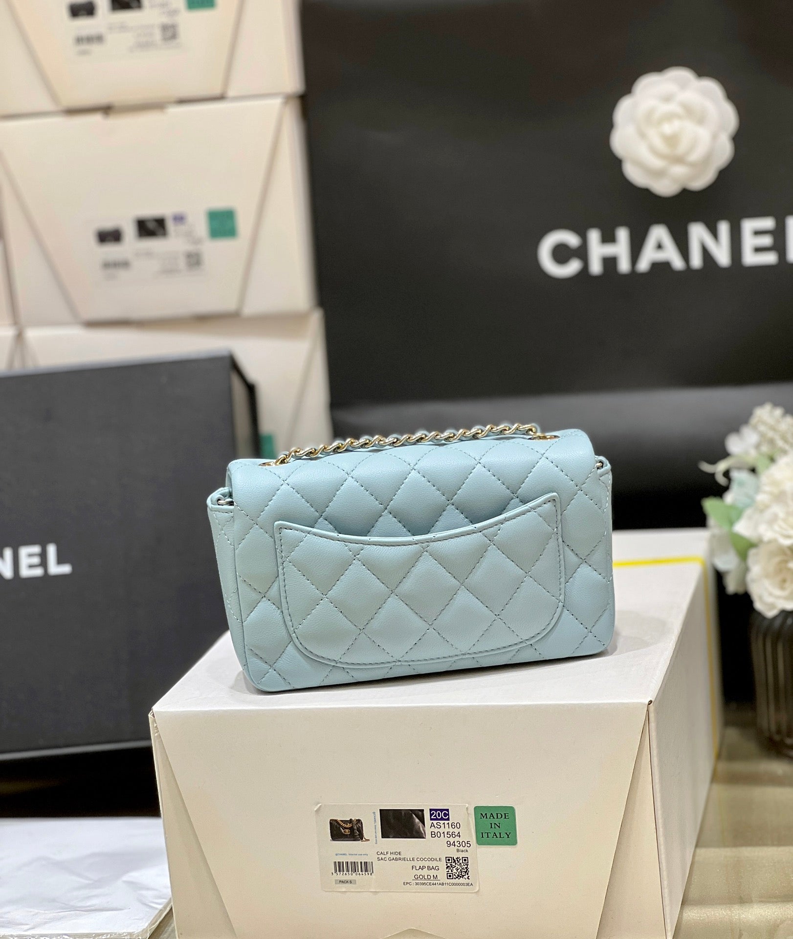 25S CHANEL FLAP BAG 18 IN PALE CYAN LAMBSKIN