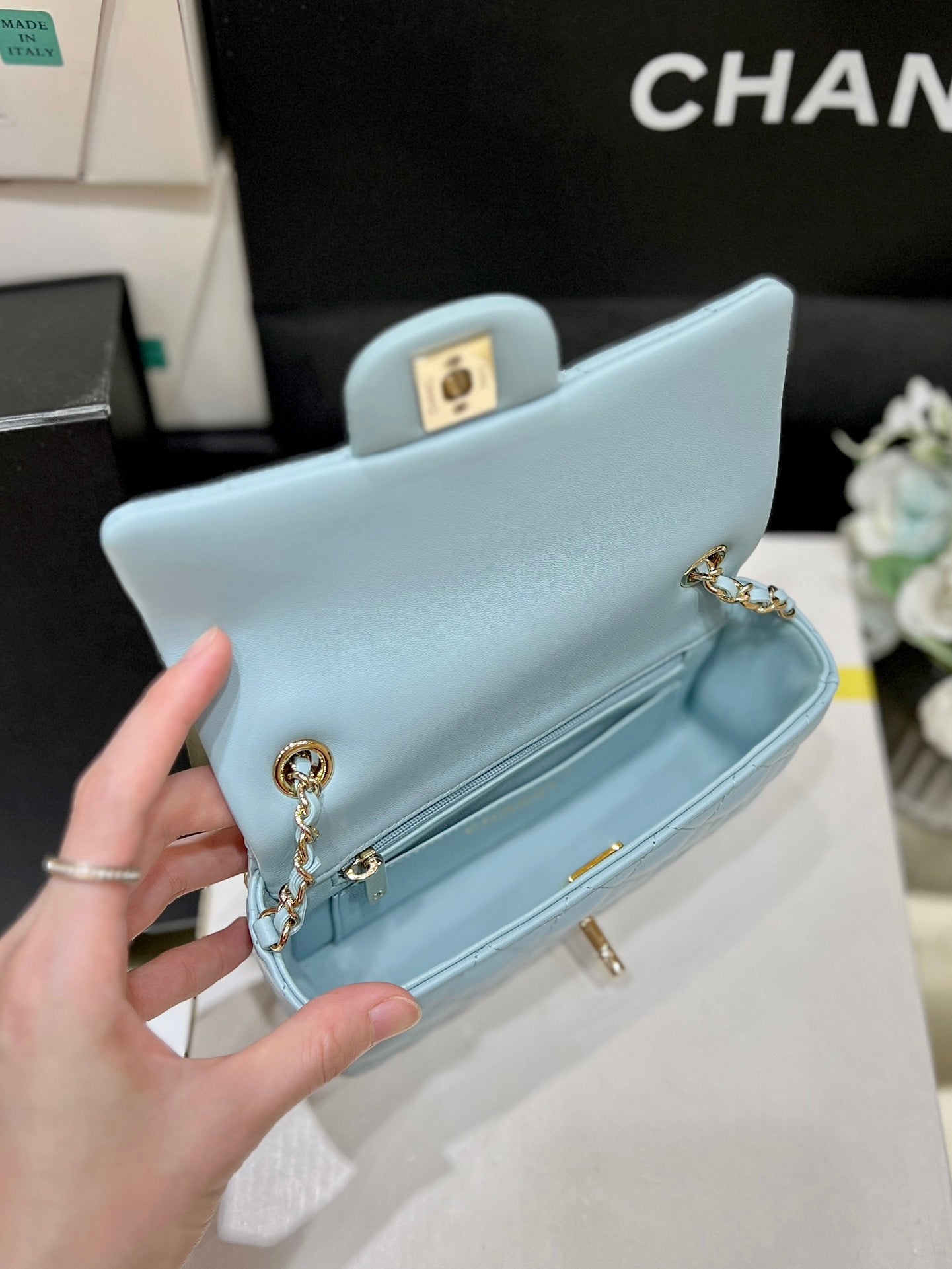 25S CHANEL FLAP BAG 18 IN PALE CYAN LAMBSKIN