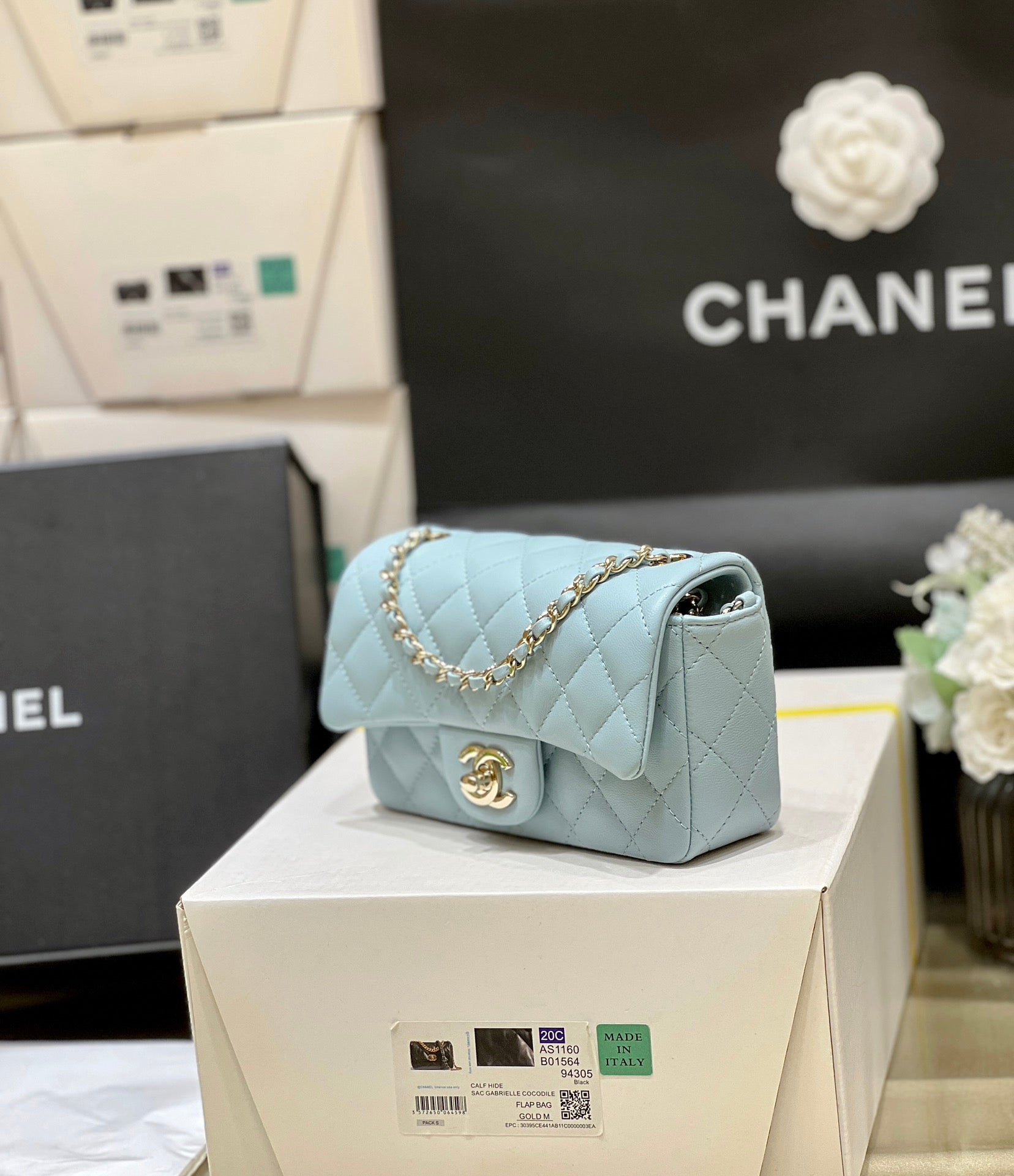 25S CHANEL FLAP BAG 18 IN PALE CYAN LAMBSKIN