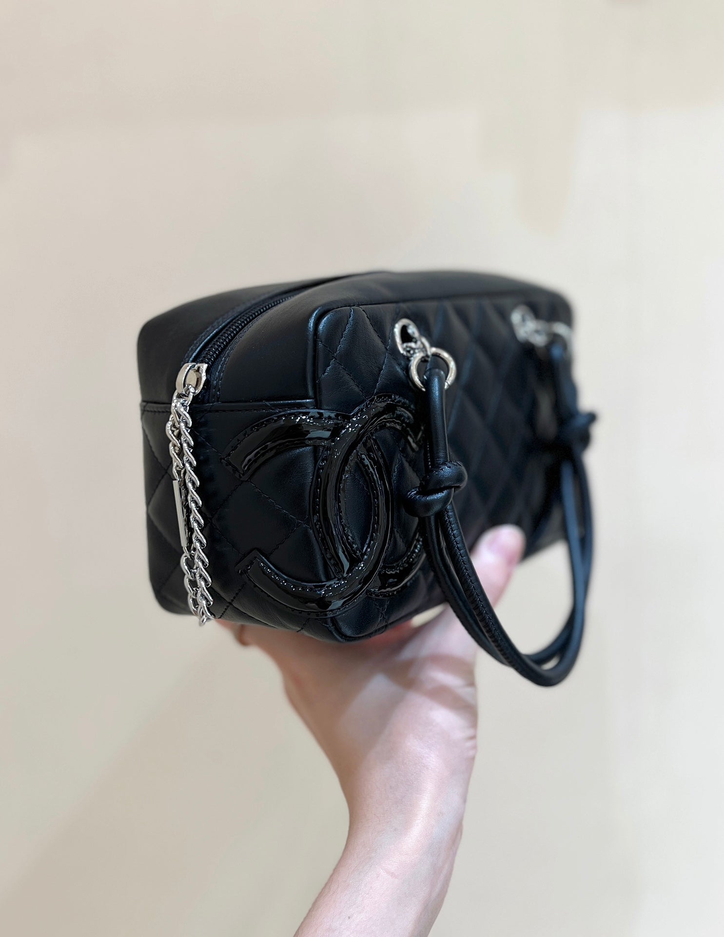 25S CHANEL CAMBON BOSTON BAG 21 IN BLACK CALFSKIN SILVER HARDWARE